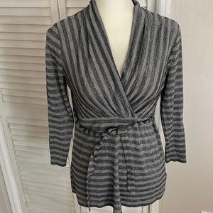 NINE WEST Gray/Silver threaded Striped Faux Wrap Top, Size Large